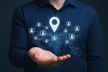 Businessman holding digital world map with connected social icons and location pins.