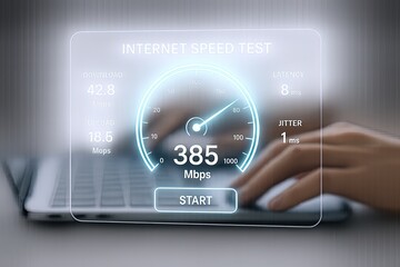 High Speed Internet Speed Test Display Showing Mbps Download and Latency Data.