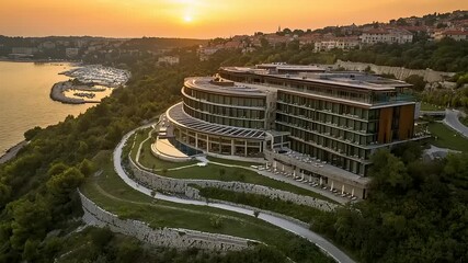 Scenic coastal hotel perched on hillside at sunset. - Powered by Adobe