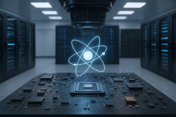 Advanced data server room with futuristic atomic energy glow and electronic hardware.