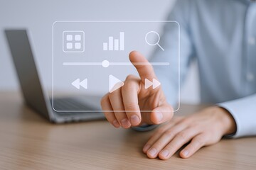 Modern Businesswoman Using Transparent Digital Interface with Graphs and Data on Laptop.