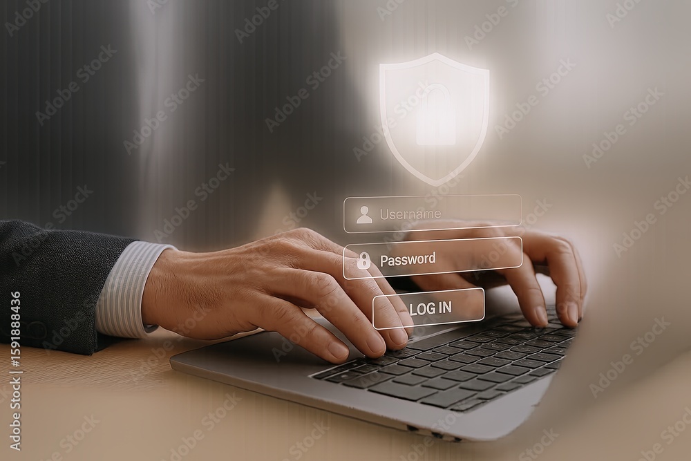 Poster close-up of hands typing on laptop keyboard with digital login icons and security shield.