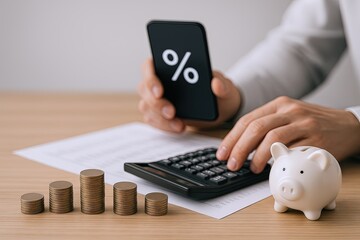 Business person calculating financial percentage using smartphone and calculator.