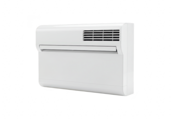 A modern white wallmounted air conditioner unit with a visible grille is isolated on a clean transparent background