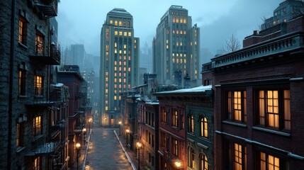 Obraz premium A dimly lit city street at dusk with snow on the rooftops and warm light spilling from apartment windows