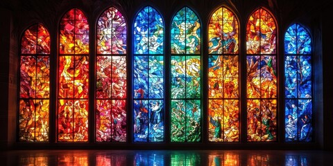 Colorful stained glass windows depicting biblical scenes with figures, halos, robes, vibrant rainbow color scheme, gothic church interior, stone frame arches. Generative by AI.