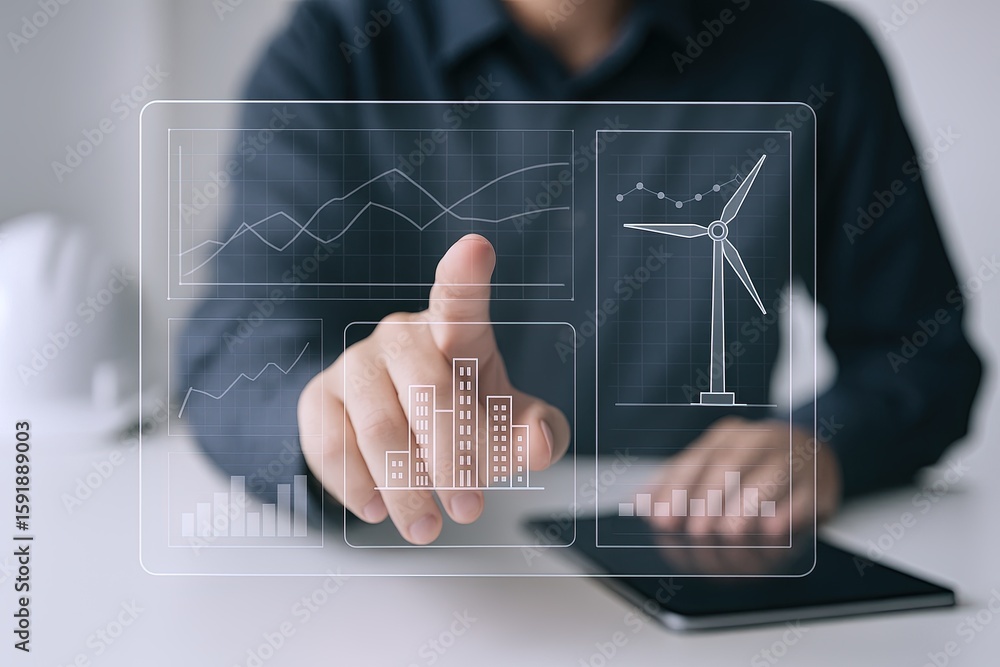Poster businessman interacting with futuristic digital interface showing analytics graphs wind turbine.