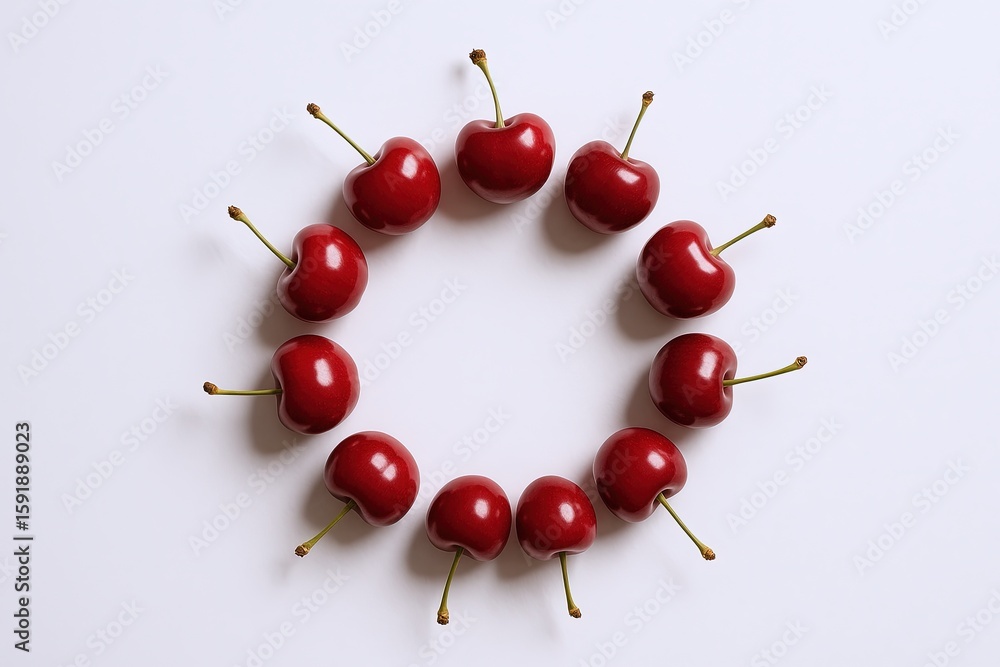 Leinwandbilder array of fresh red cherries with stems arranged in a circular pattern on white background.