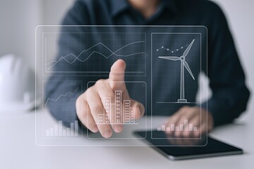 Businessman interacting with futuristic digital interface showing analytics graphs wind turbine.