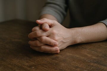 Close-up of hands clasped together resting on a wooden table in prayer or reflection.