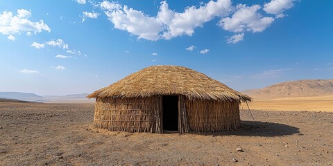 Small simple hut built with woven reeds and thatch roof standing alone on dry desert landscape under clear sky with distant hills. Generative by AI.