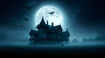 the image features a large, spooky structure set against the backdrop