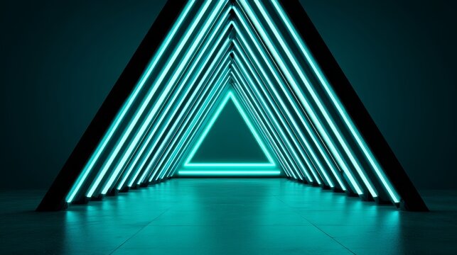 Futuristic sci-fi triangle tunnel corridor with glowing neon triangle light, metallic spaceship interior, retro cyberpunk style, abstract technology concept background, 3D rendering illustration