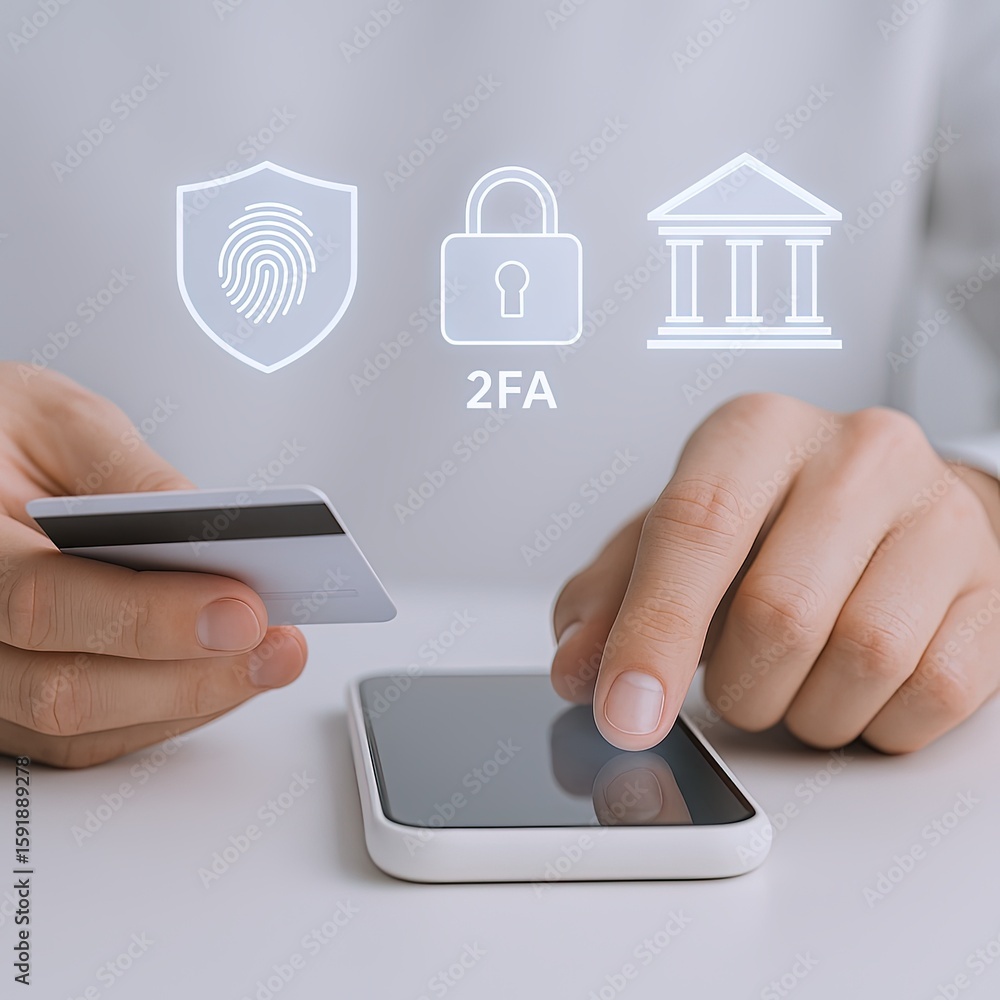 Poster modern digital security and privacy icons with smartphone and hand interaction.