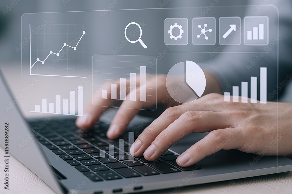 Aufkleber business analytics and data visualization with digital interface on laptop screen.