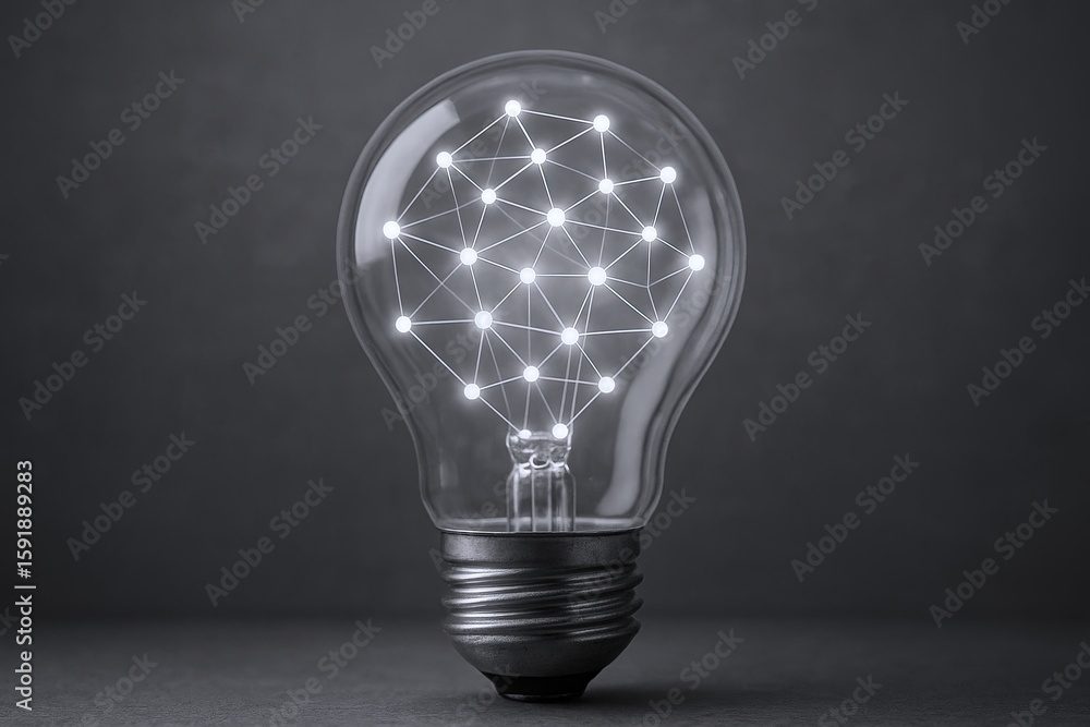 Poster creative digital illustration of a glowing light bulb with network connecting points design.