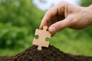 Close-up of human hand placing wooden puzzle piece into soil outdoors with greenery background.