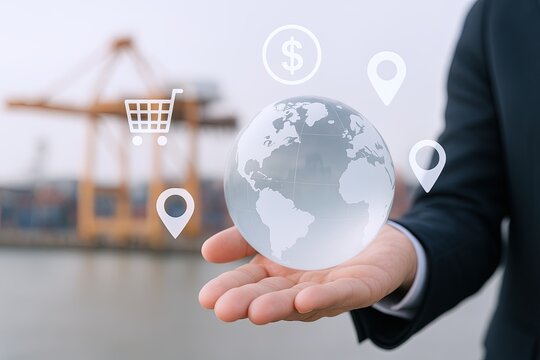 Businessman holding holographic globe with digital icons in front of construction site background. - Powered by Adobe