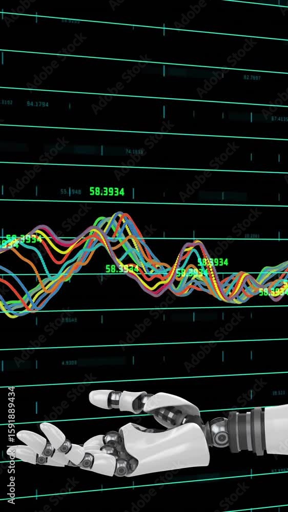 Poster animation of data processing and diagrams over robotic arm