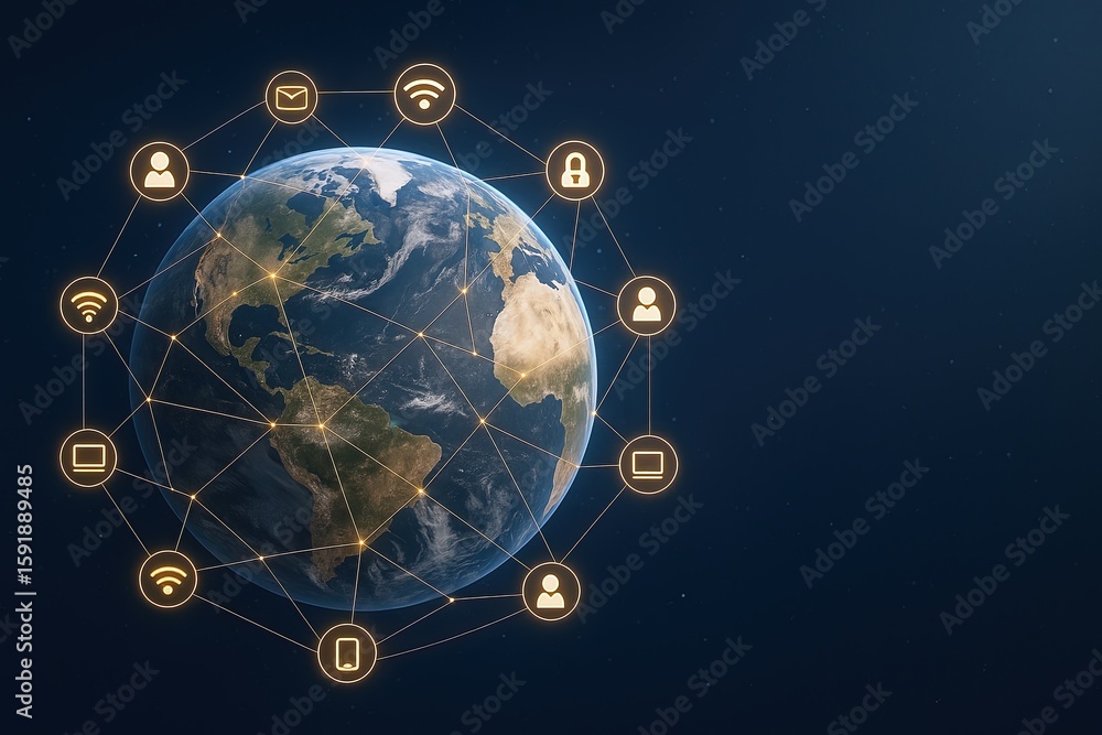 Poster digital global network connectivity concept with globe and technology icons.