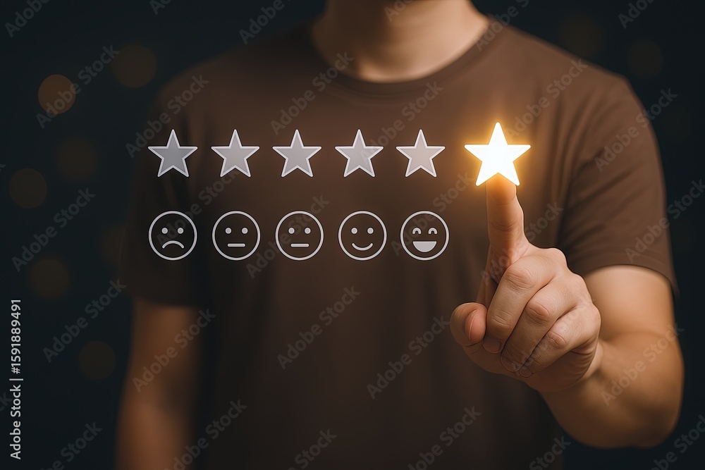 Poster person pointing at glowing star icon above rating scale with satisfaction and approval concept.