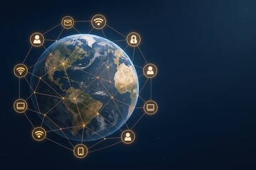 Digital global network connectivity concept with globe and technology icons.