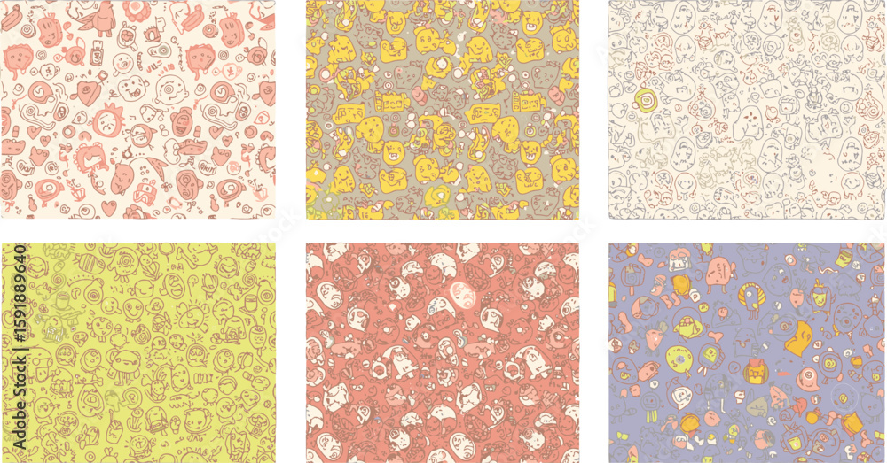 Poster vector art of a seamless pattern of handdrawn doodles and cartoon characters in various colors and s