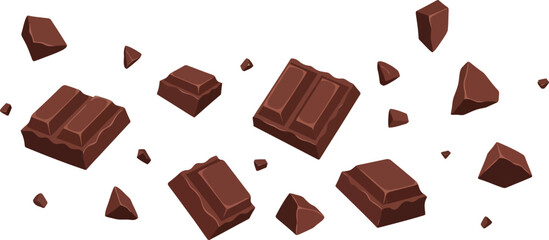 A scattered arrangement of chocolate chunks and fragments against a white background view from above