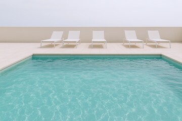 Fototapeta premium Modern outdoor swimming pool with clear water and stylish lounge chairs on terrace.