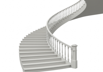 A grand spiral staircase with a white balustrade curves upwards, isolated on a transparent background