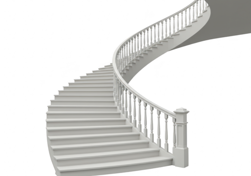 A grand spiral staircase with a white balustrade curves upwards, isolated on a transparent background