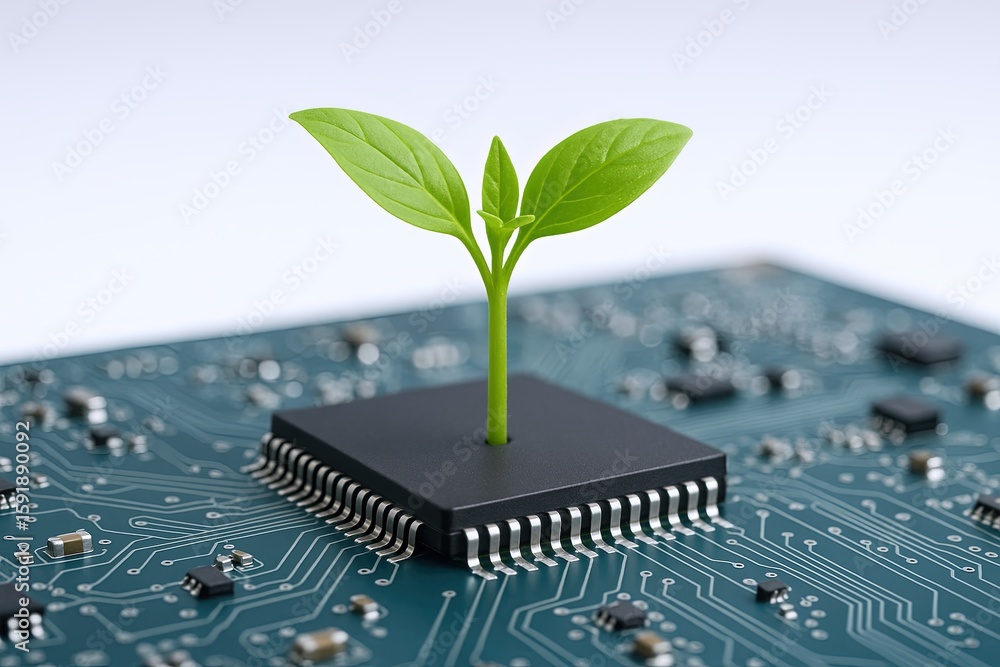 Poster green plant sprouting from microchip embedded on electronic circuit board with technology theme.