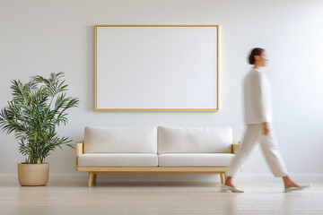 Minimalist living room with a person walking past a white sofa and blank wall art, showcasing a serene and modern home interior