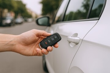 Fototapeta premium Hand Holding Car Key Fob Near White Vehicle Lock and Unlock Control Button.