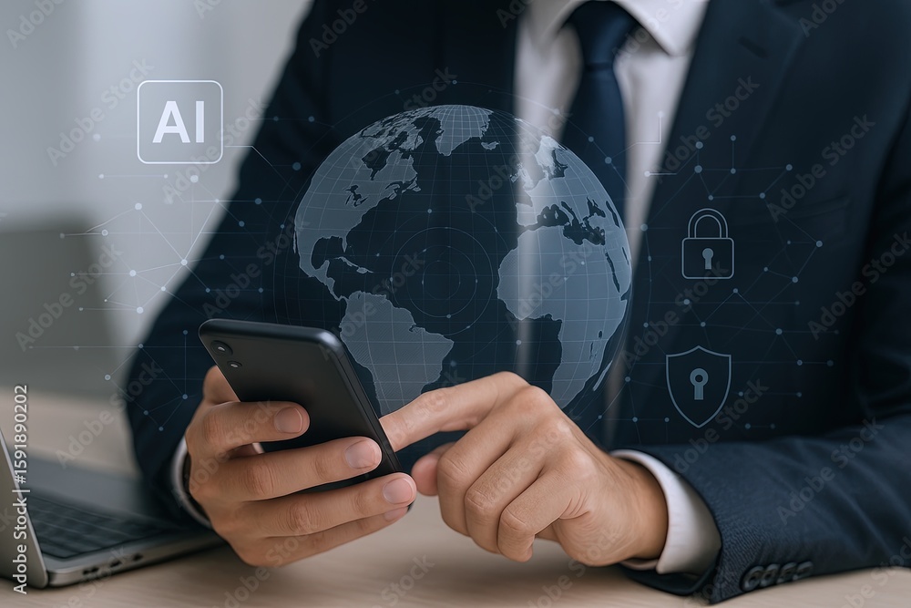 Poster businessman in formal suit using smartphone with digital globe and security icons in background.