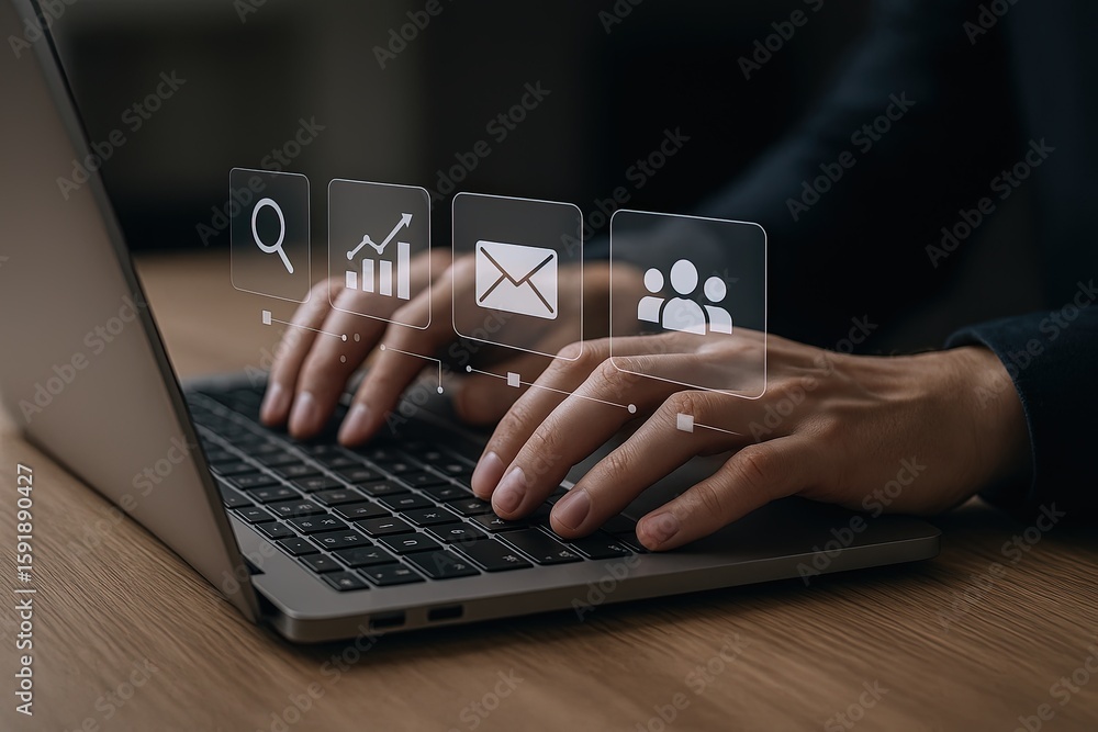 Poster business person working on a laptop with digital icons representing data analysis communication and 