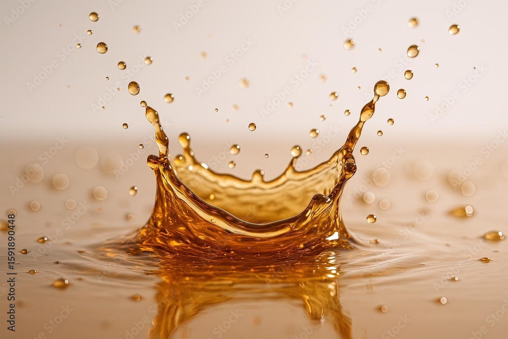 Poster close-up of a dynamic splash of golden liquid with droplets and ripple effect.