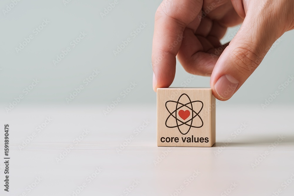 Poster hand placing a wooden block with atom and heart symbol representing core values and principles.