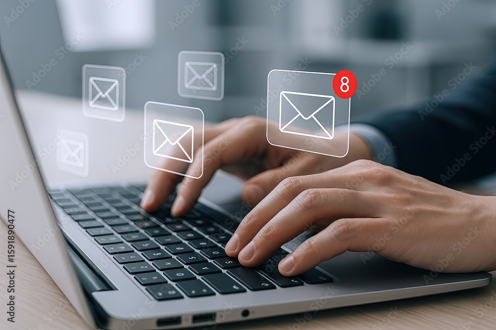 Poster hands typing on laptop keyboard with digital email notifications and symbols.