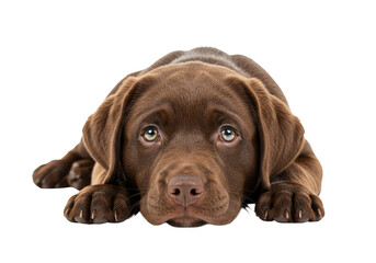 Fototapeta premium A cute chocolate labrador puppy lies on a transparent background with sad eyes