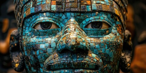 Large turquoise mosaic mask with black eyes set on stone wall, detailed tile arrangement with cracks and weathering visible. Generative by AI.