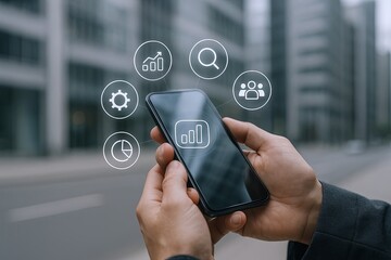 Businessperson using smartphone with financial and data analytics icons in urban city setting.