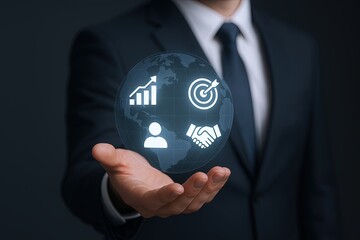 Businessman in formal suit holding holographic digital icons and global network.