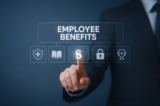 Modern businesswoman pressing employee benefits digital interface with icons in office.