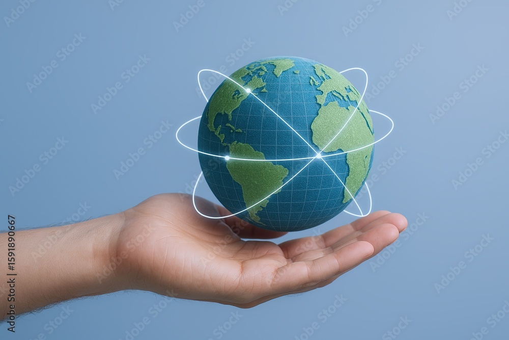 Poster hand holding a digital globe with orbit lines representing global connectivity and technology.