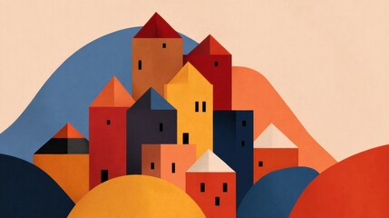 Colorful paper cut-out village nestled in hills
