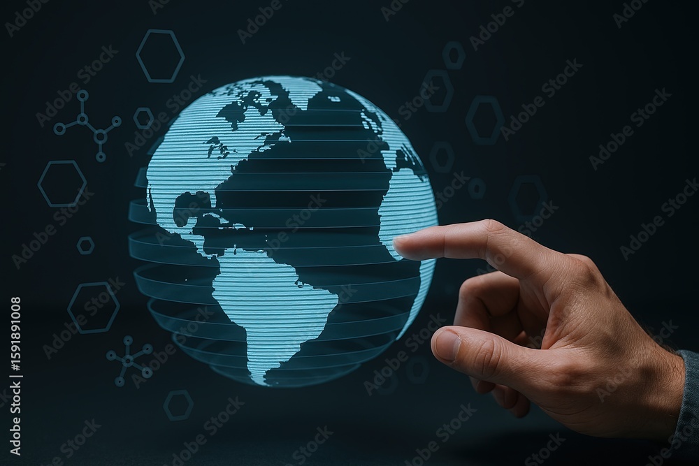 Poster hand touching digital globe with network connections and technology elements.