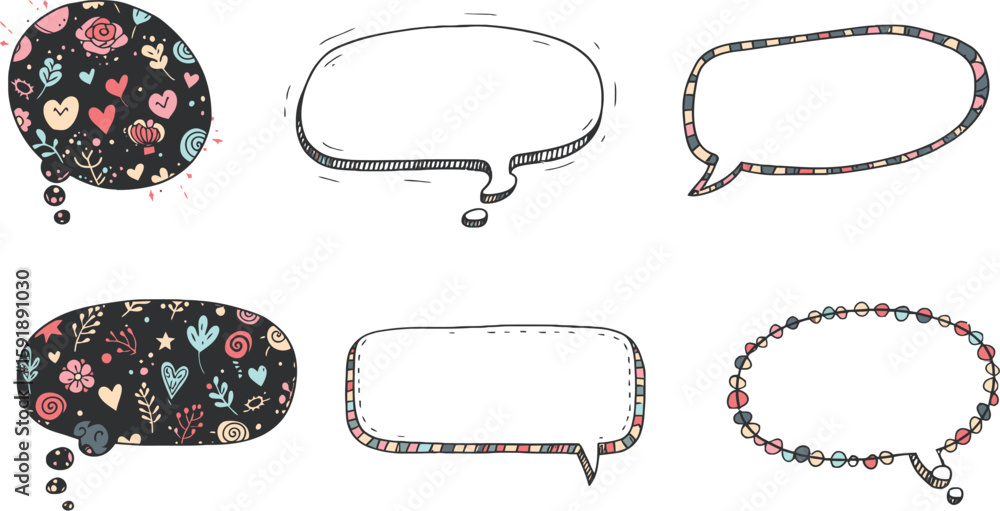 Poster vector art of collection of hand drawn speech bubbles and frames with patterns isolated on transpare