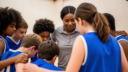 Coach giving motivational speech to a diverse youth basketball team in a huddle, fostering teamwork and strategy, a concept for leadership, education and youth sports development - Powered by Adobe