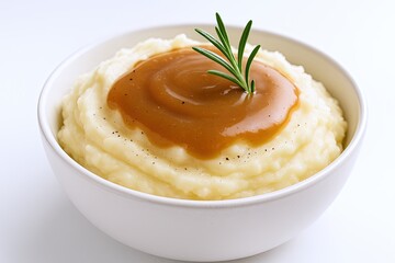 Creamy mashed potatoes topped with rich gravy and garnished with fresh rosemary.